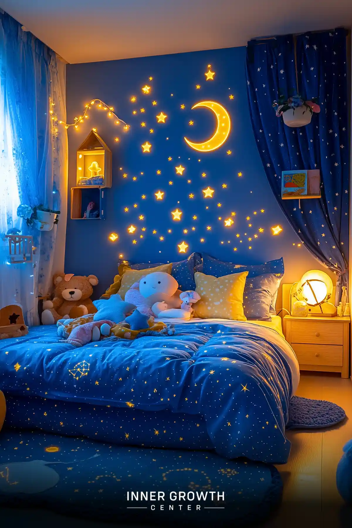 A cozy children's bedroom decorated with illuminated stars and moon wall lights, star-patterned bedding, plush toys, and navy blue curtains creating a dreamy night sky atmosphere