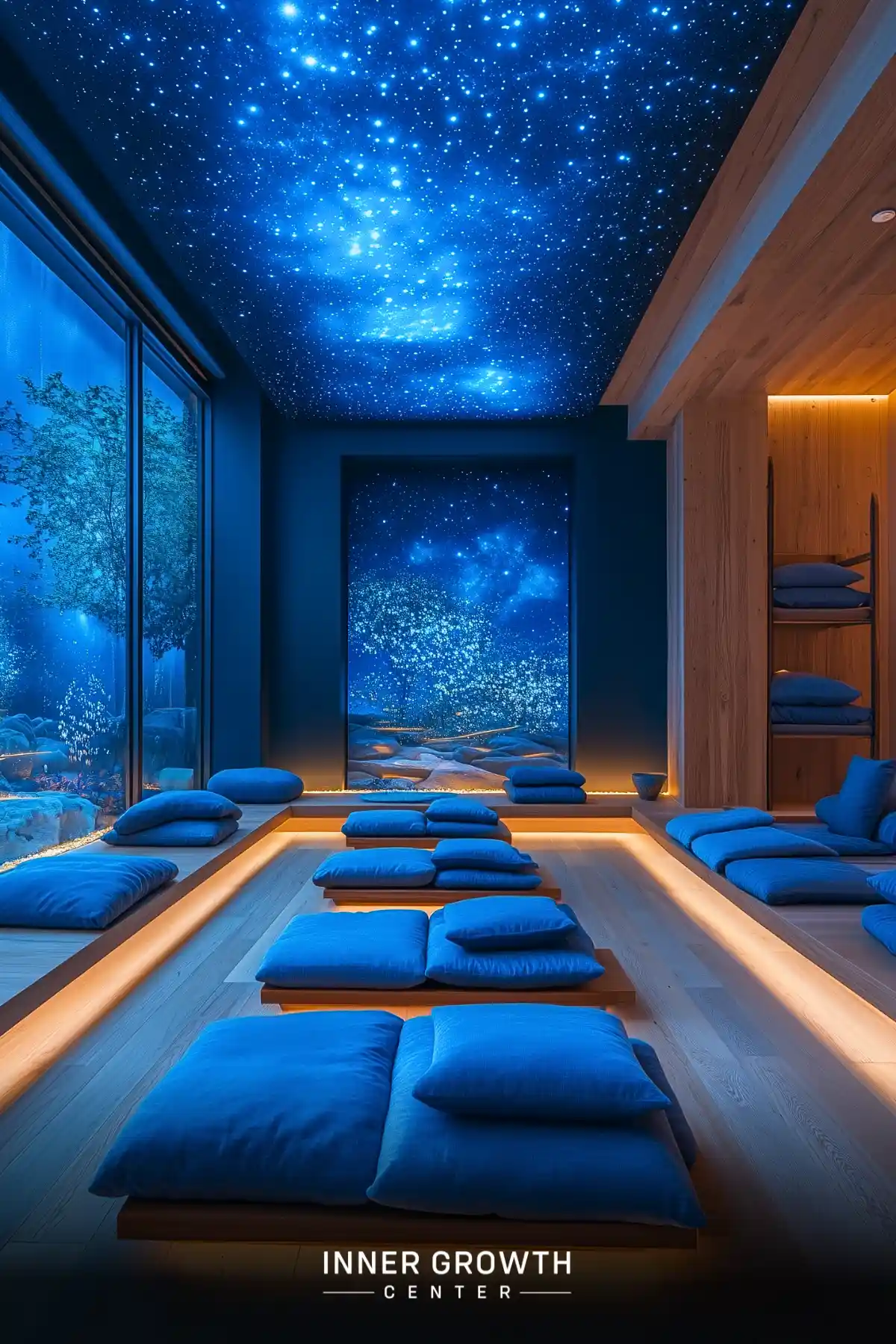 A modern meditation room with a stunning starry sky ceiling and blue cushions on wooden platforms.