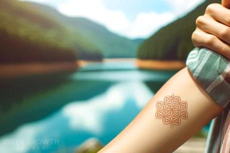 a woman looking over a lake with a starseed birthmark.