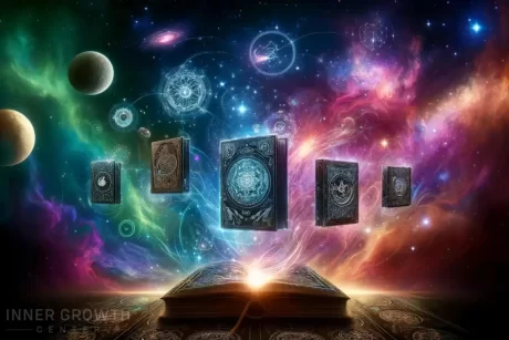 5 mystic books in a colorful star galaxy.