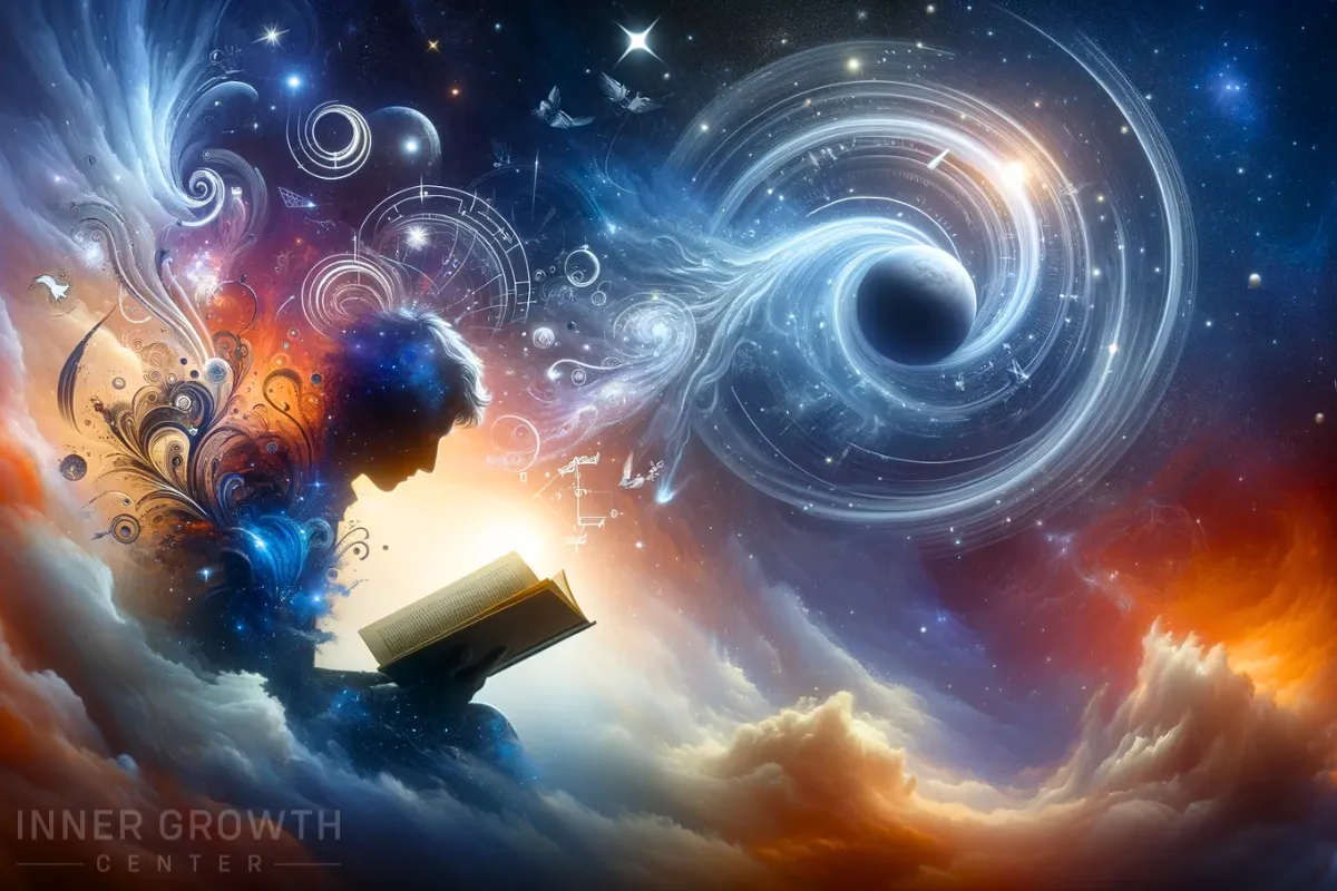 Celestial artwork of a person reading, and stars and a planet swirling symbolising the signs of a starseed.