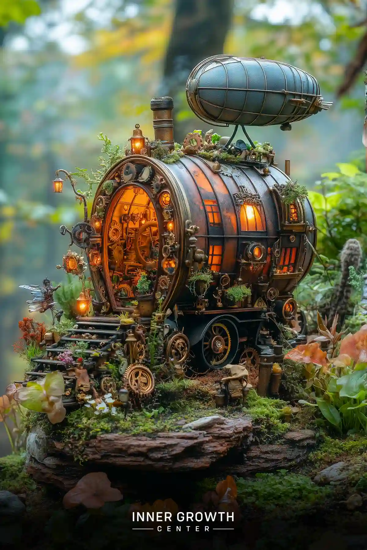 A detailed miniature steampunk-style caravan with glowing windows, brass gears, and an airship balloon, surrounded by tiny fairies and lush garden elements.