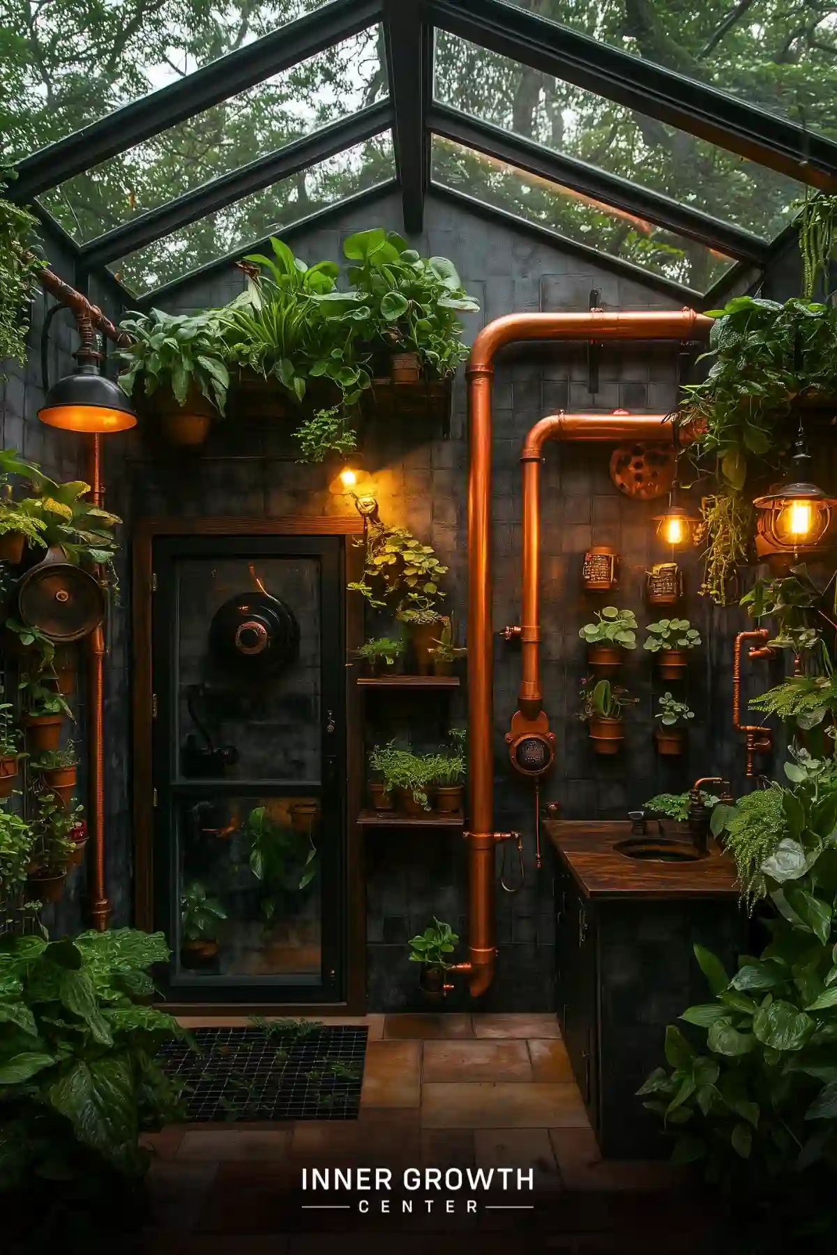 A moody greenhouse space with copper pipes, vintage lighting, and climbing plants against dark walls creates an industrial yet organic meditation area.