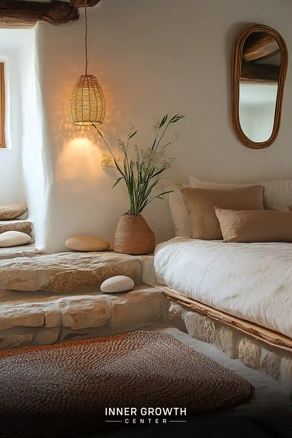 Cozy bedroom with stone platform, woven pendant light, and natural textures in earth tones.