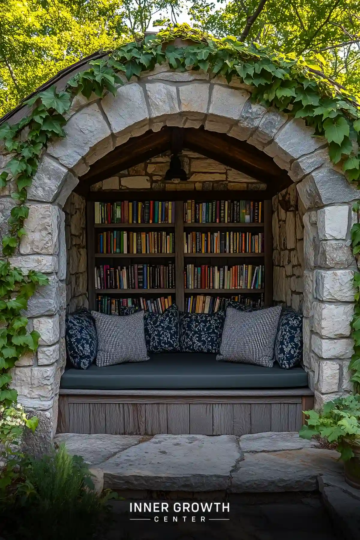 A stone archway leads to a built-in bench with navy cushions and patterned pillows, surrounded by bookshelves and topped with climbing ivy.