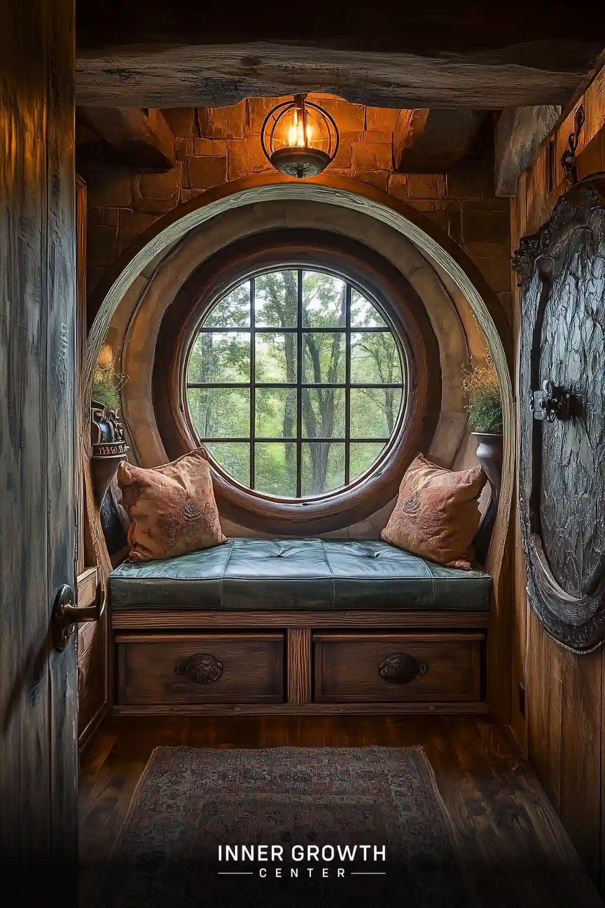 A hobbit-inspired reading nook features a round gridded window, stone archway, leather cushion, storage drawers, and vintage pendant light.