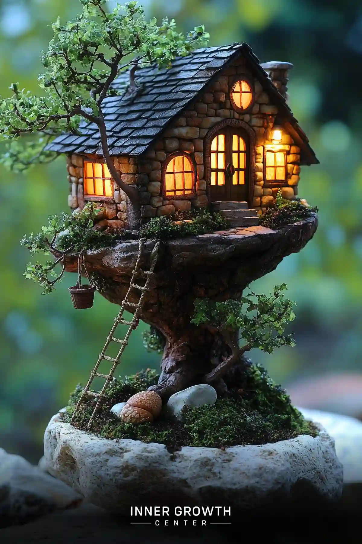 A miniature stone cottage with glowing windows perched atop a tree trunk, featuring tiny bonsai trees and a rope ladder.