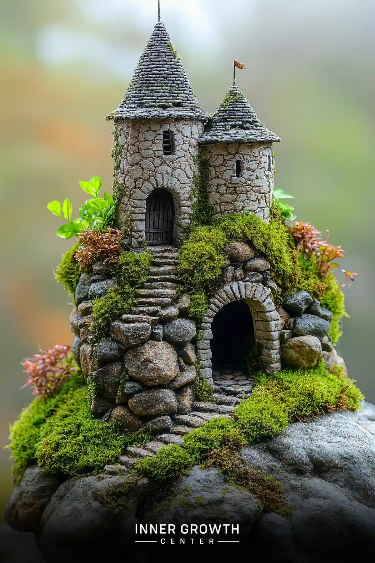 A miniature castle with two stone towers featuring conical slate roofs, moss-covered steps, and an arched passageway built into rocky terrain.