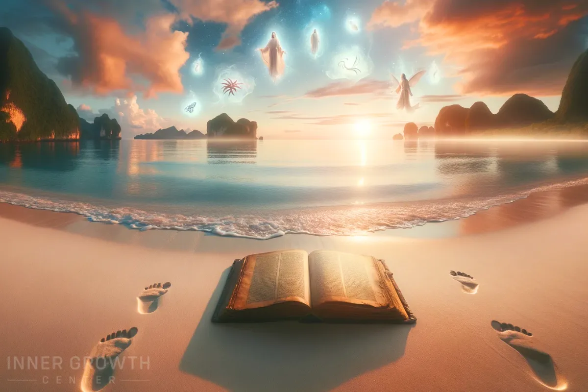 A story book on a beach with floating spirits symbolising the stories of reincarnation.