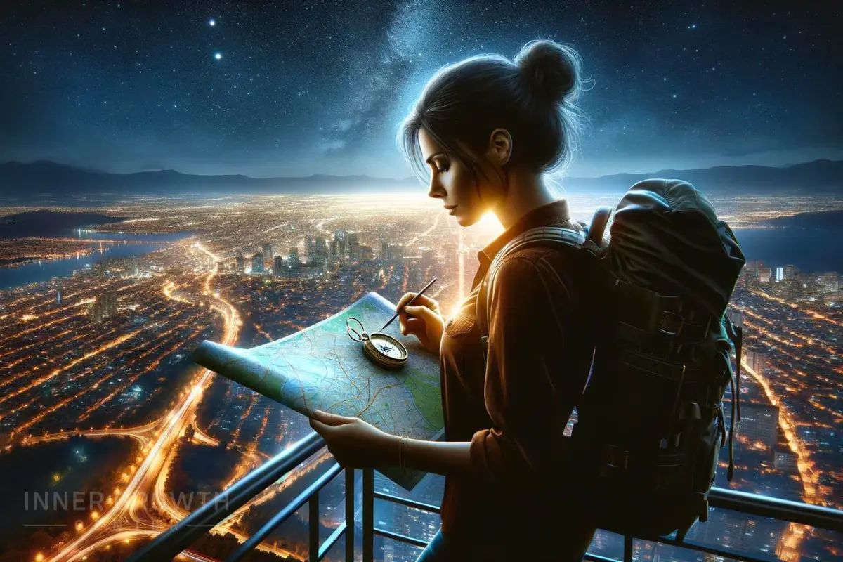 A woman plans her path overlooking a city with the stars in the background