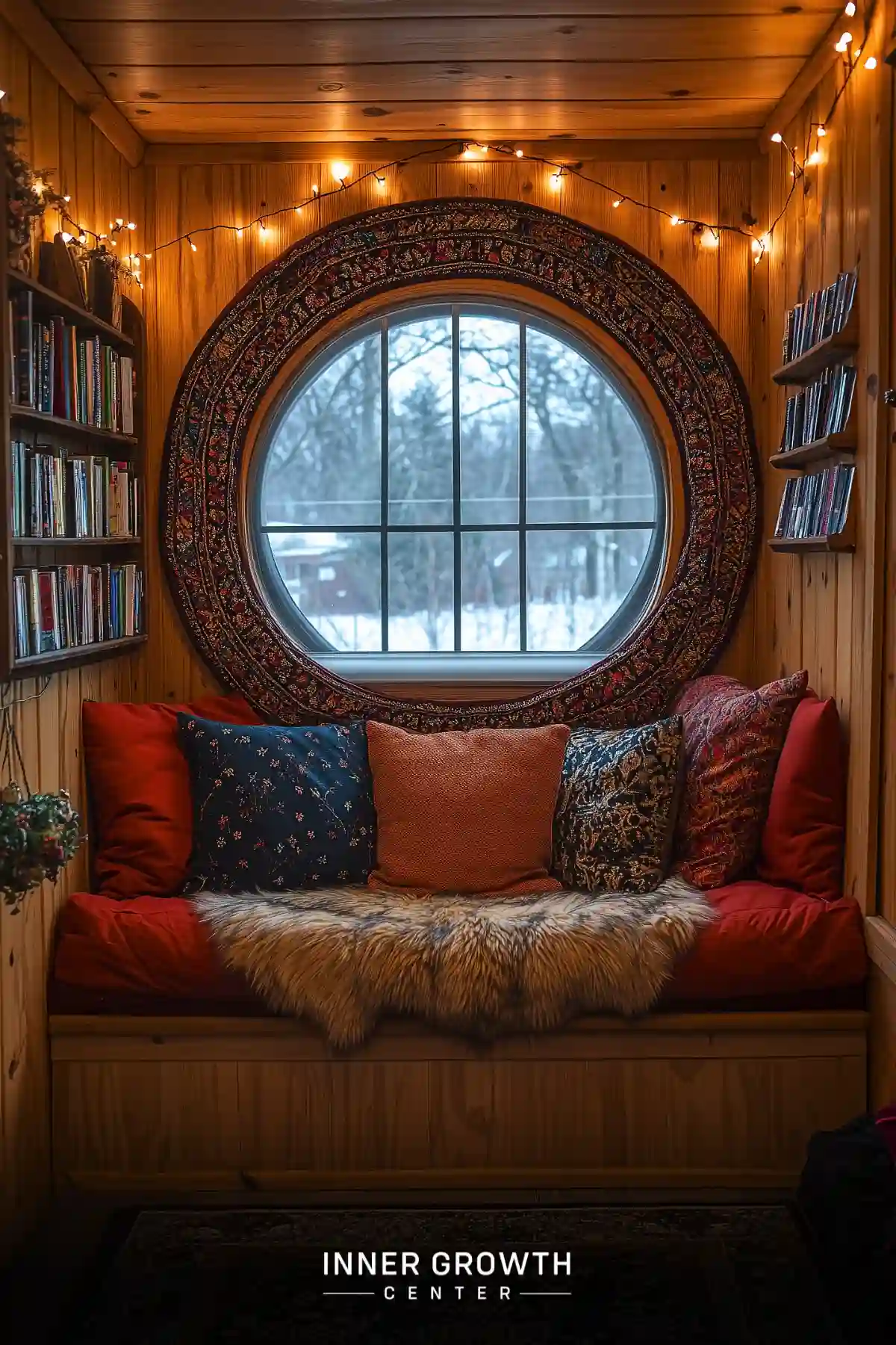 A cozy window seat with red cushions and a fur throw features an ornate Persian-style circular window frame, string lights, and built-in bookshelves against pine walls.