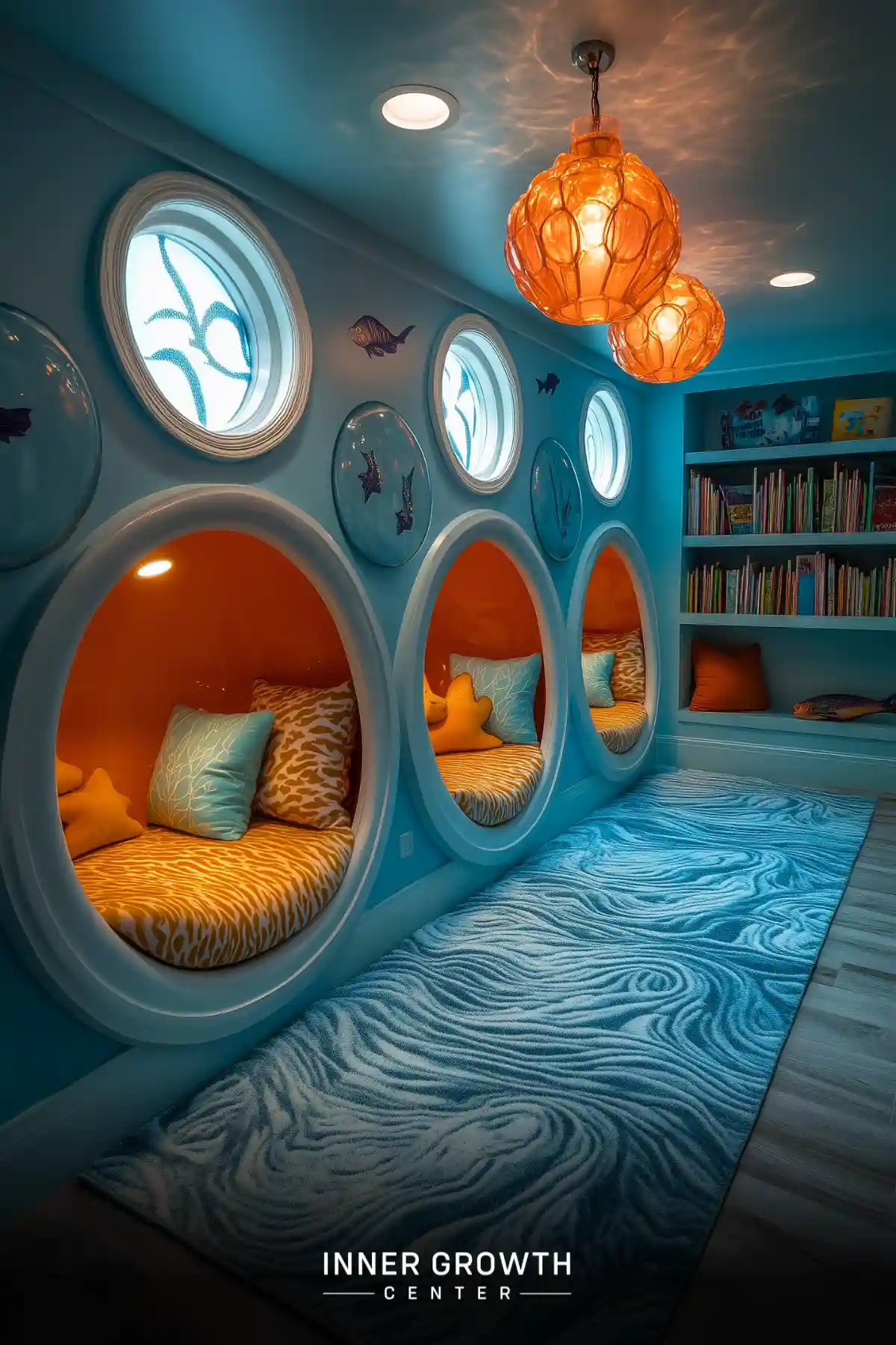 A children's reading space with circular pod-style nooks built into a turquoise wall, featuring orange lighting and underwater-themed decorations