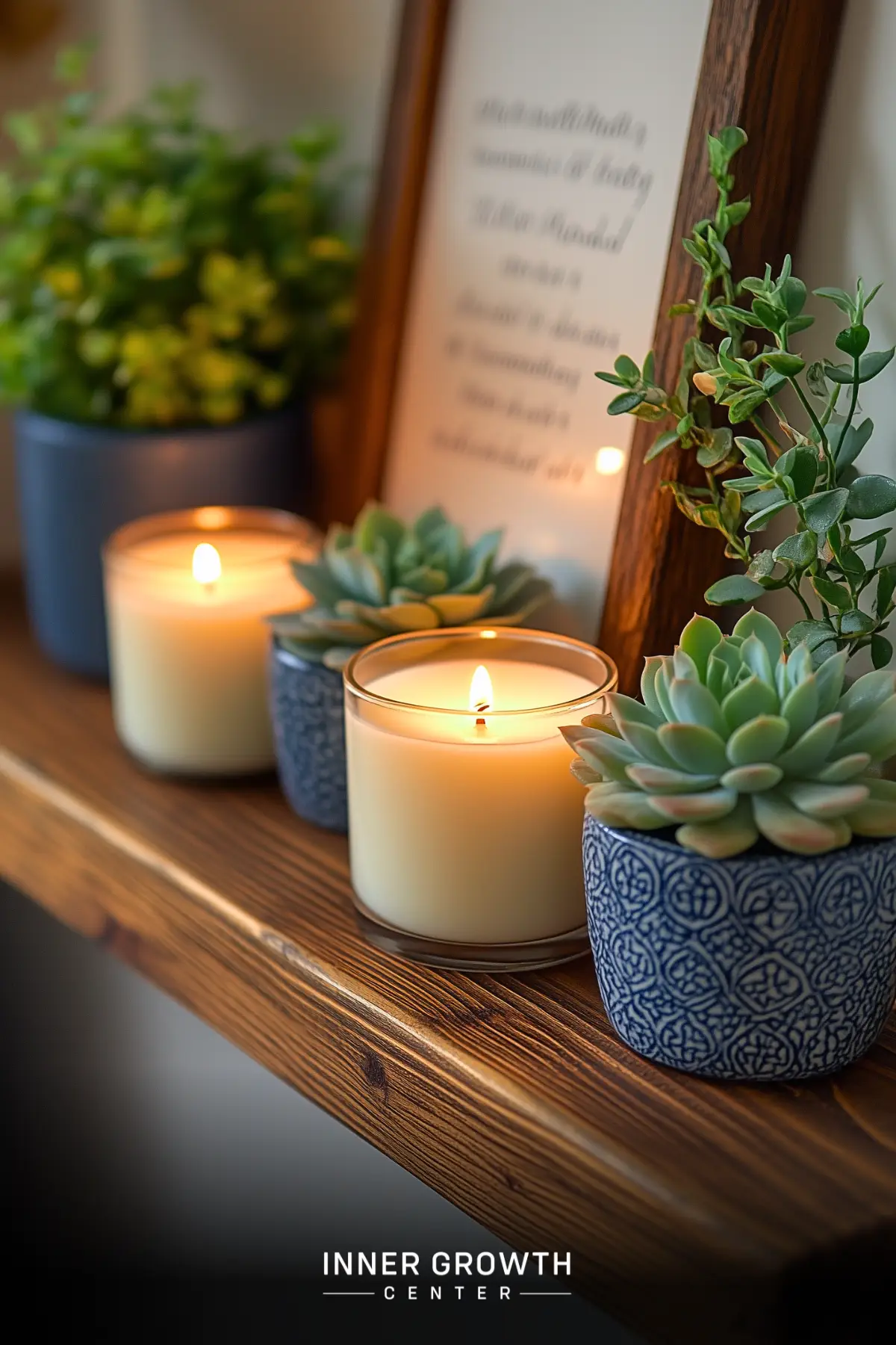 Wooden shelf with lit candles, potted succulents, and a framed quote creating a serene altar space.