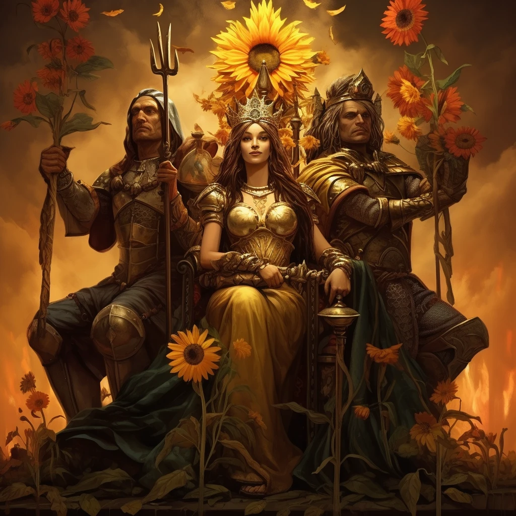 Queen, King and Page sitting on a throne with sun flowers symbolising the suit of wands