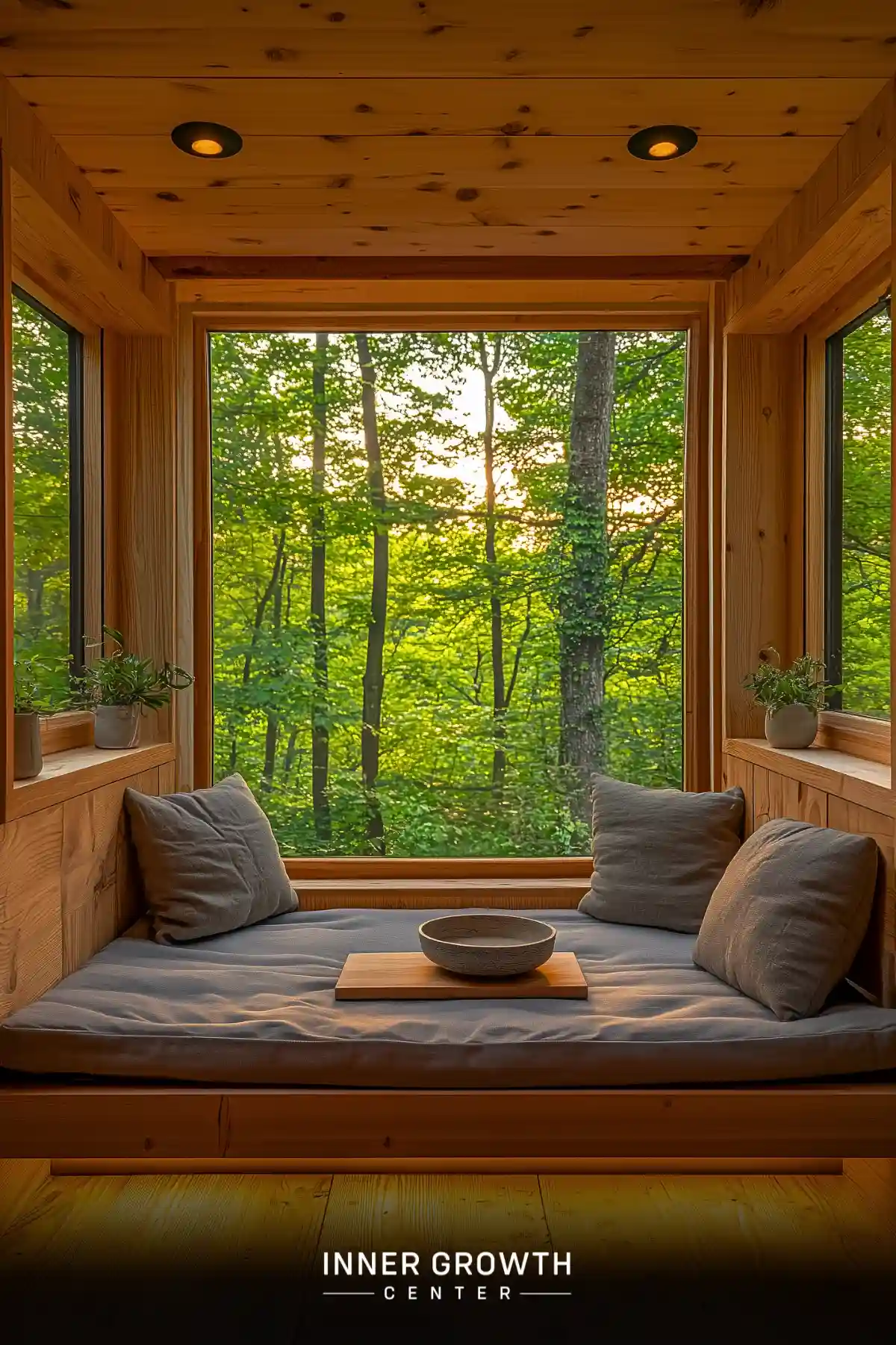 A pine-paneled window nook with gray cushions and a meditation bowl offers a peaceful space overlooking a sunlit summer forest