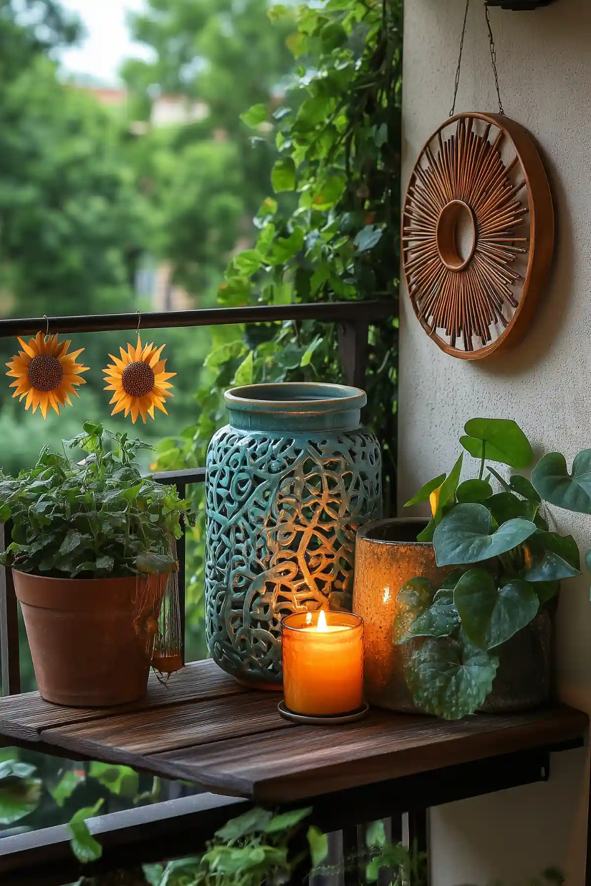 Balcony altar with plants, candles, and a sunburst wall decoration surrounded by lush greenery.