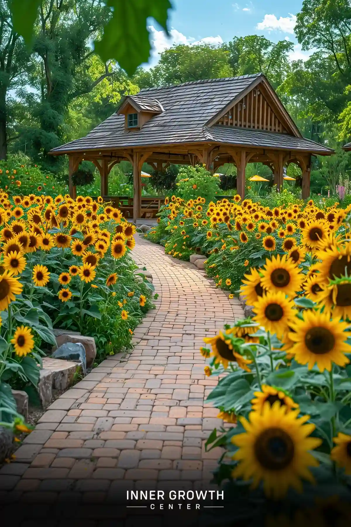 A winding brick path through vibrant sunflowers leads to a wooden pavilion in a lush garden setting.