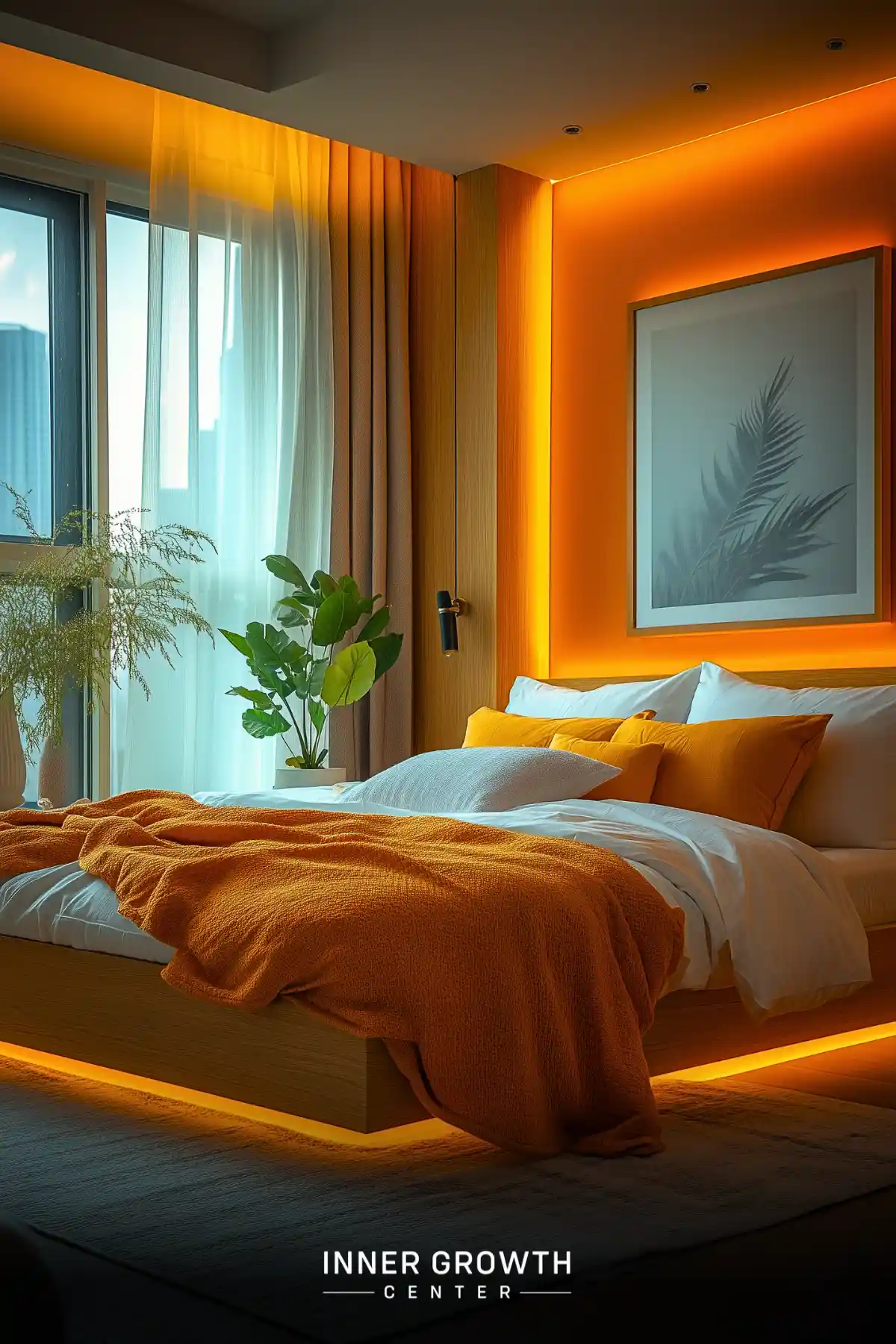 Modern bedroom with warm amber lighting, white bedding, orange accents, and tropical plants.