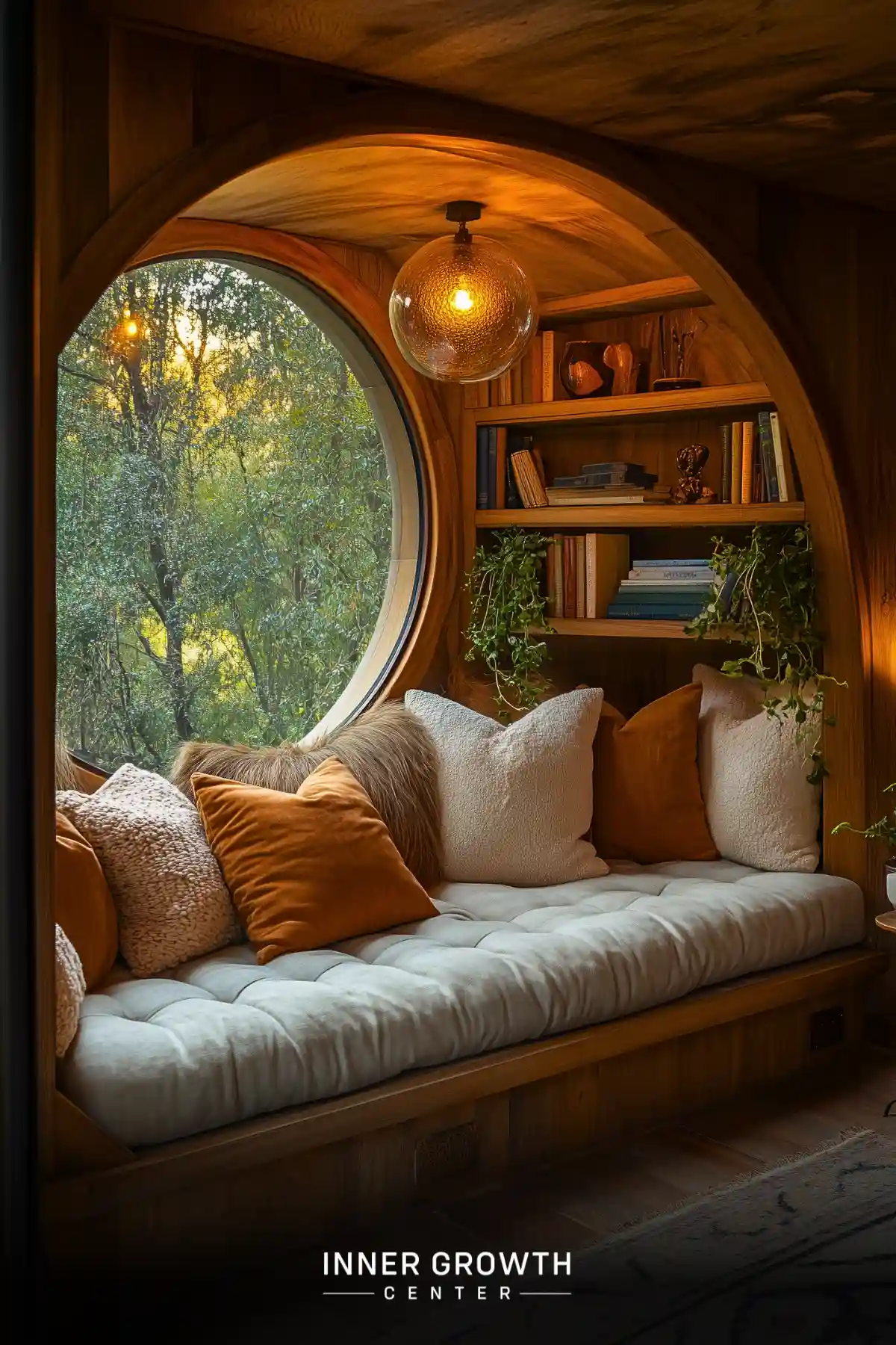 A hobbit-inspired reading nook features a circular window with forest views, tufted white cushioning, rust-colored accent pillows, and a glass globe pendant light.