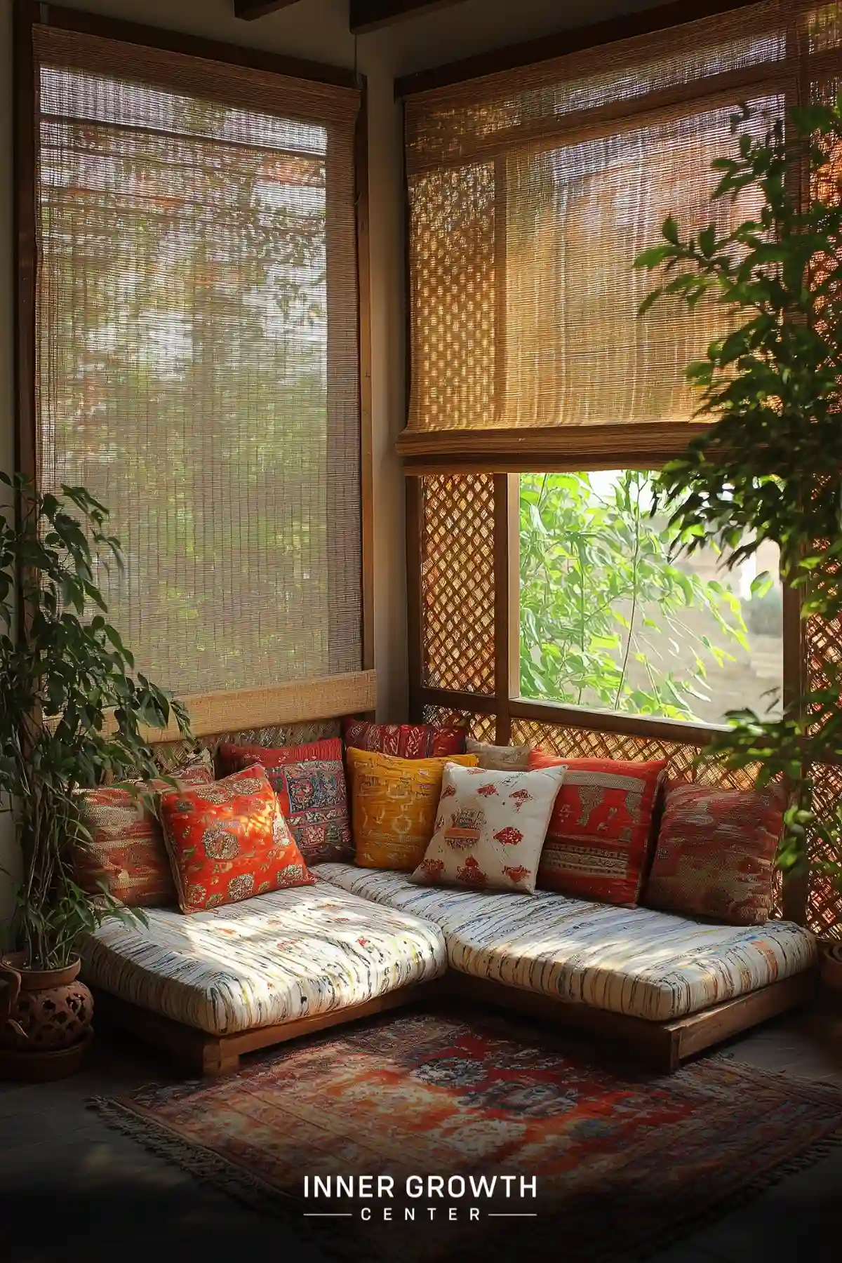 A cozy corner seating area with colorful cushions, bamboo shades, and lush plants, creating a serene meditation space.