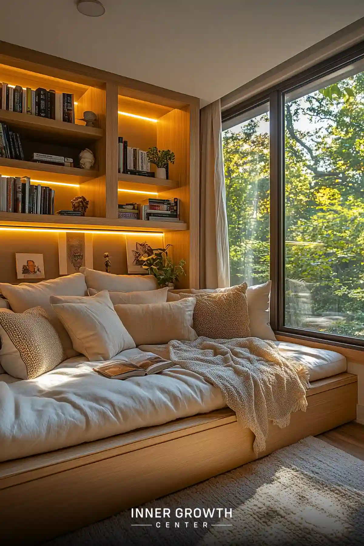 A modern window seat features backlit wooden shelving, plush white cushions, and a cream throw blanket beside floor-to-ceiling windows.