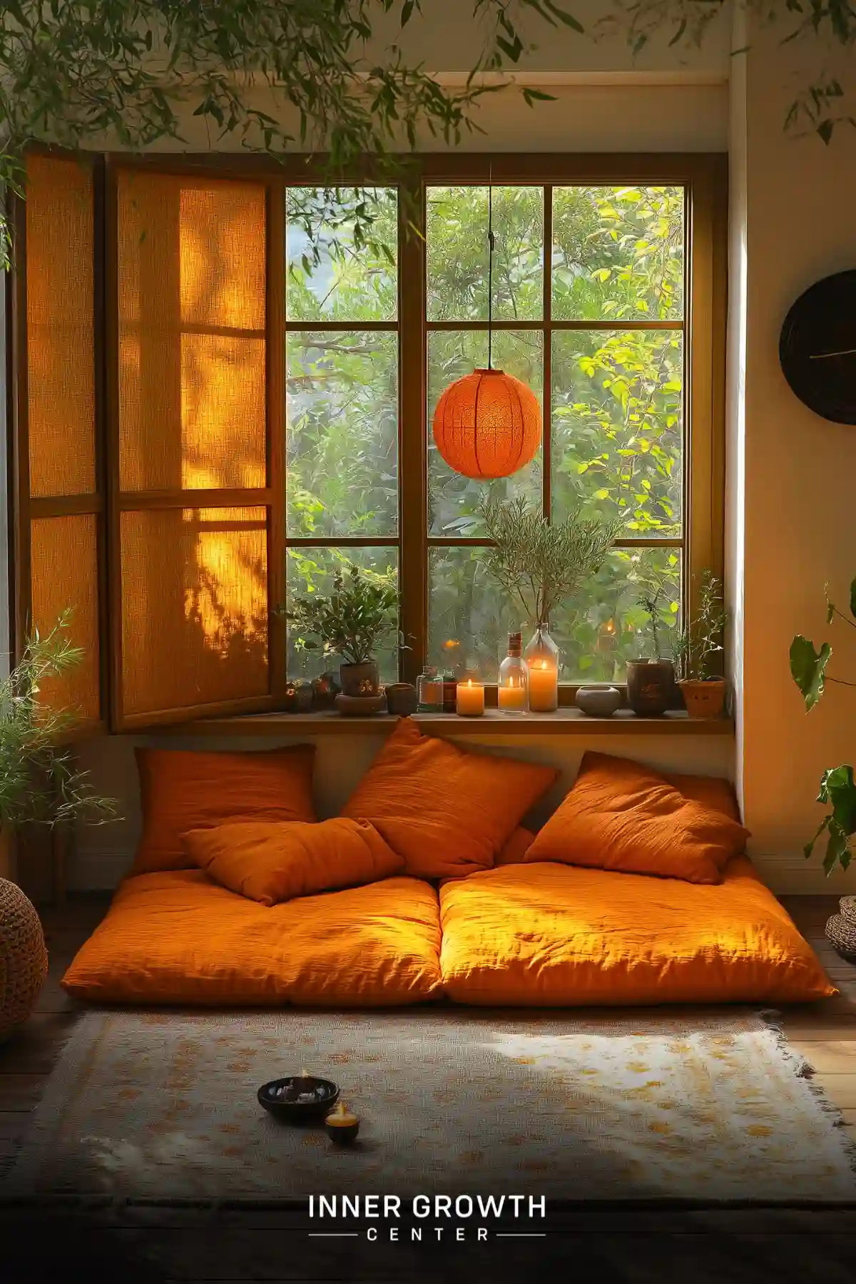 A cozy meditation corner with orange cushions, a window overlooking lush greenery, and warm candlelight.