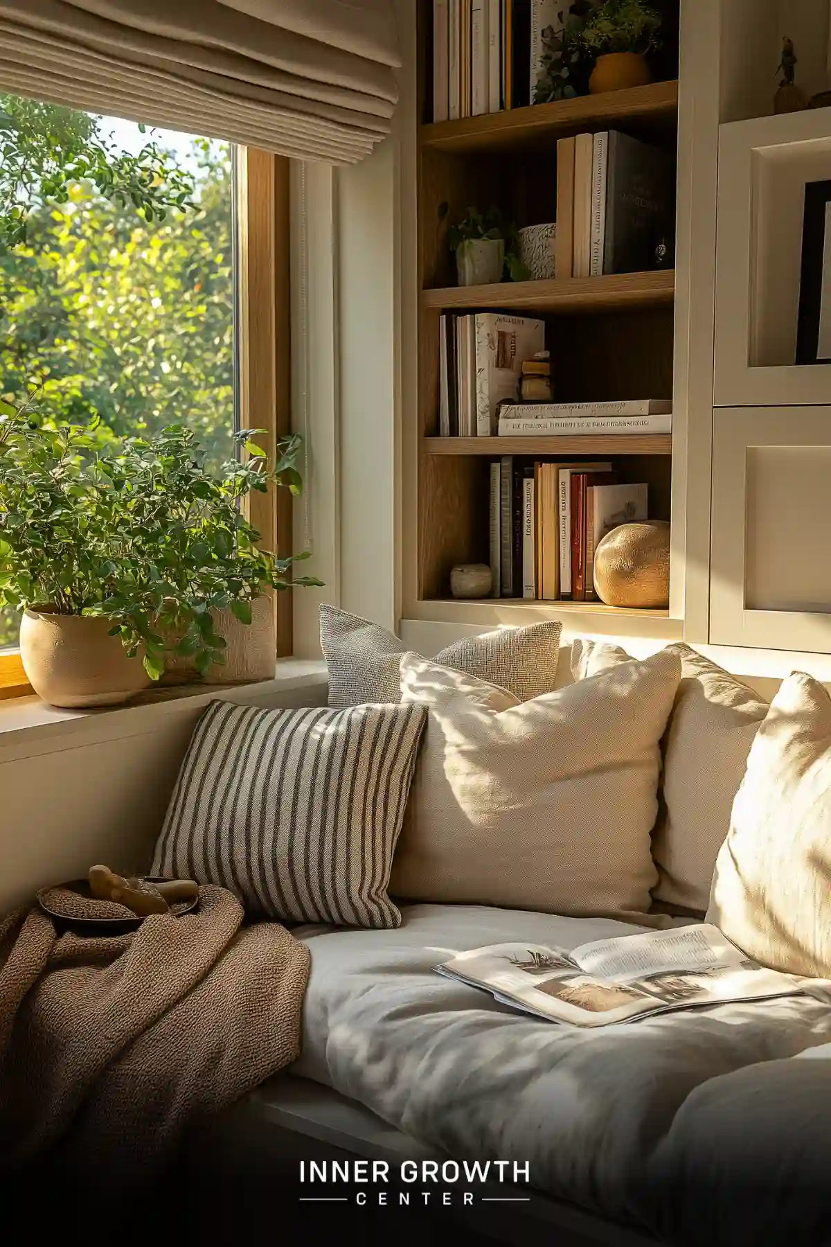 A cozy window reading nook with cream cushions, striped pillows, built-in oak shelving, and potted plants bathed in natural sunlight.