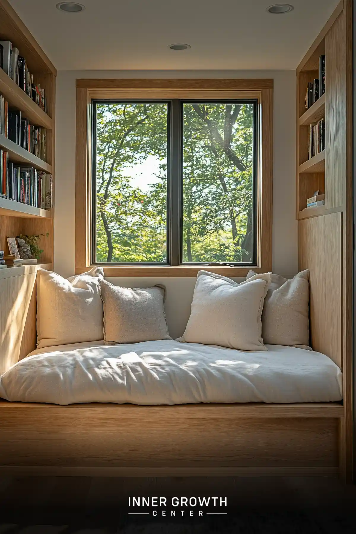 A built-in window seat reading nook with white cushions nestled between oak bookshelves offers a cozy spot for reading