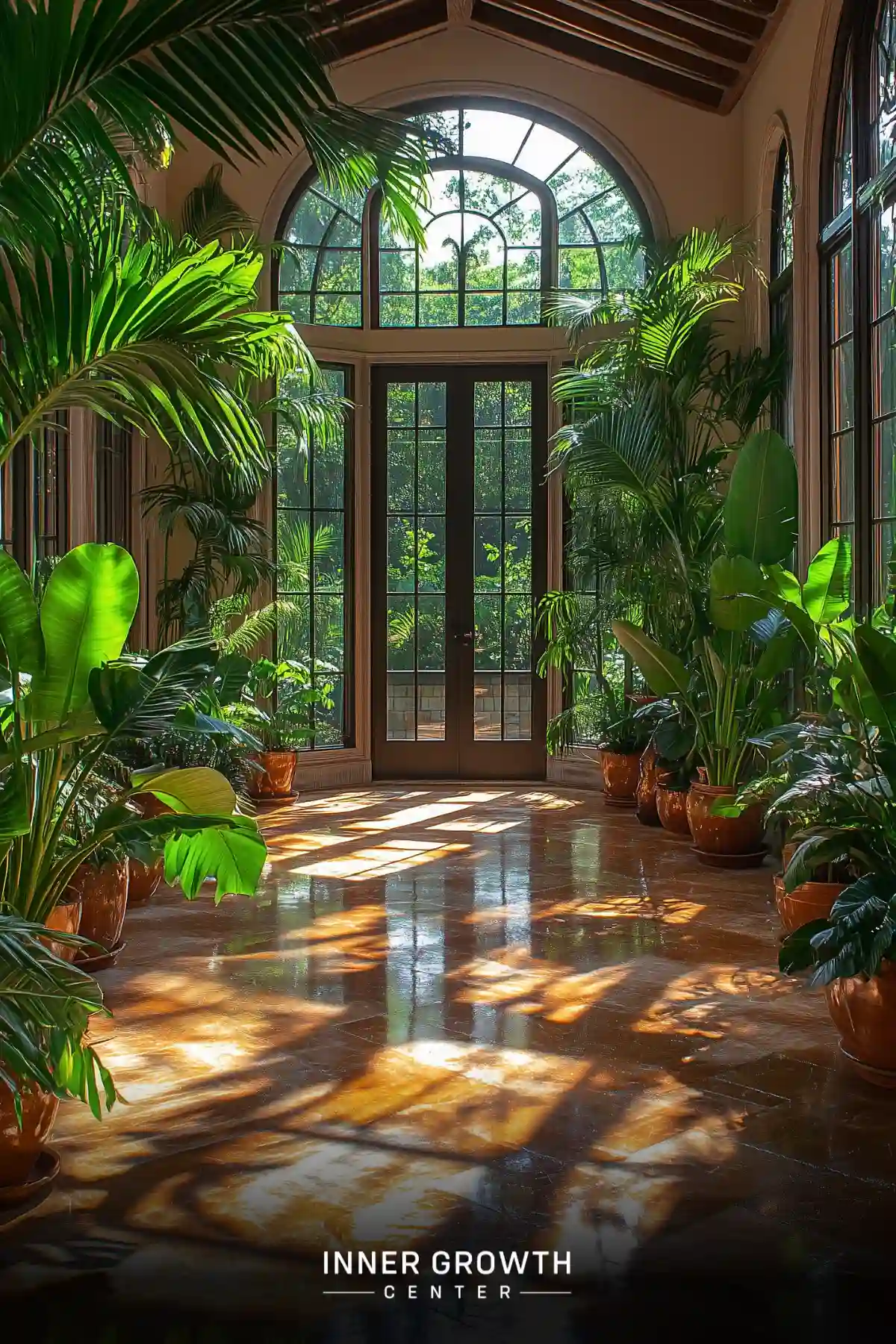 A grand conservatory space with arched windows, terra cotta potted palms, and dramatic sunlight patterns on a polished stone floor.