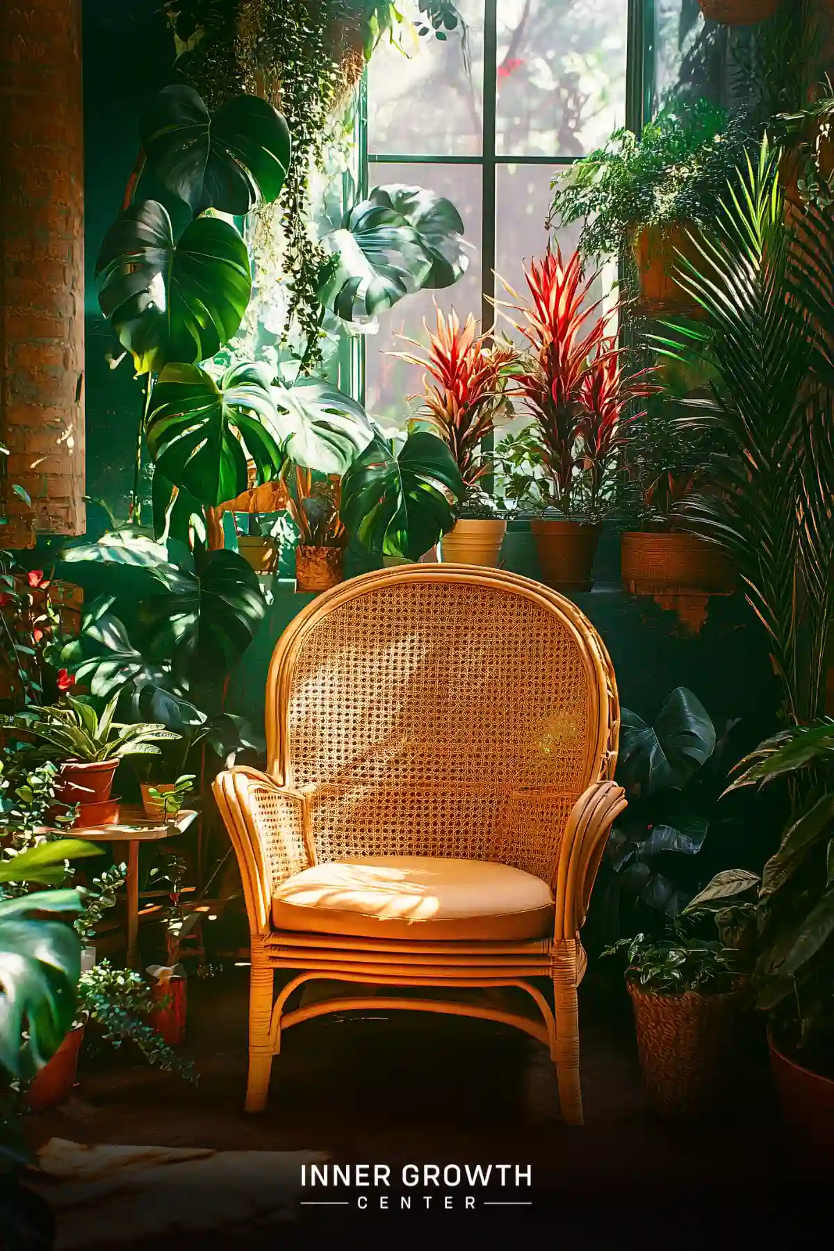 A peaceful meditation corner featuring a rattan chair surrounded by monstera leaves and red bromeliads, bathed in warm natural light.