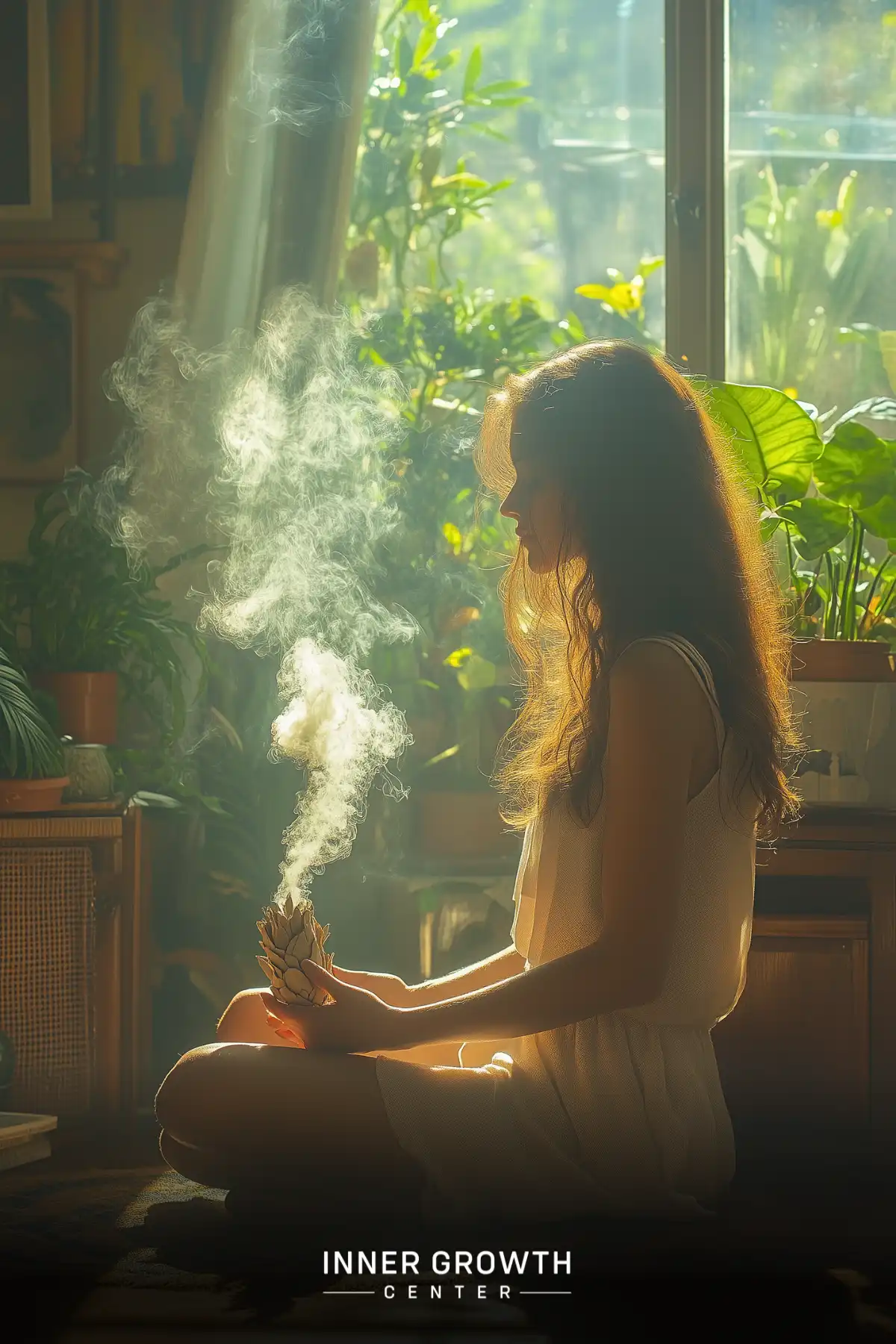 A woman sits in a sunlit room surrounded by plants, burning sage for a spiritual cleansing ritual.