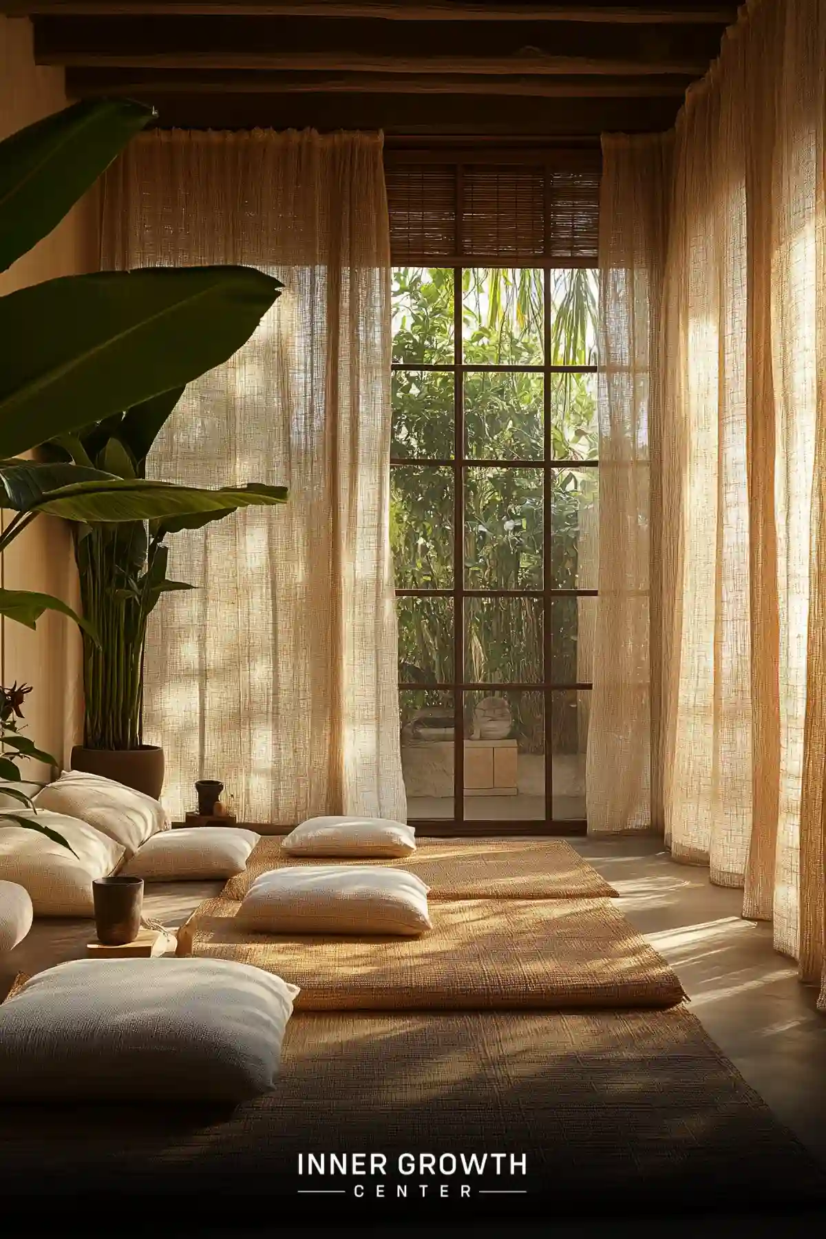 A serene meditation space with floor cushions, sheer curtains, and lush plants by a large window.