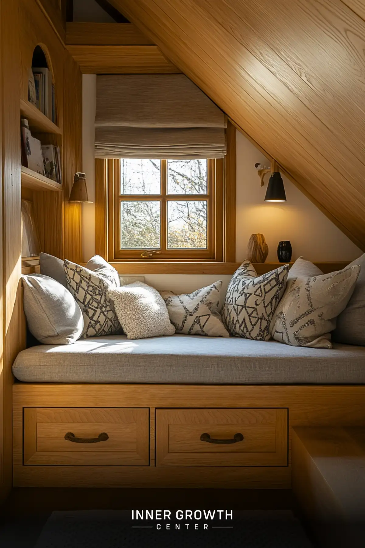 Window seat with neutral geometric pillows and gray cushion features built-in bookshelves and storage drawers beneath sloped wooden ceiling.