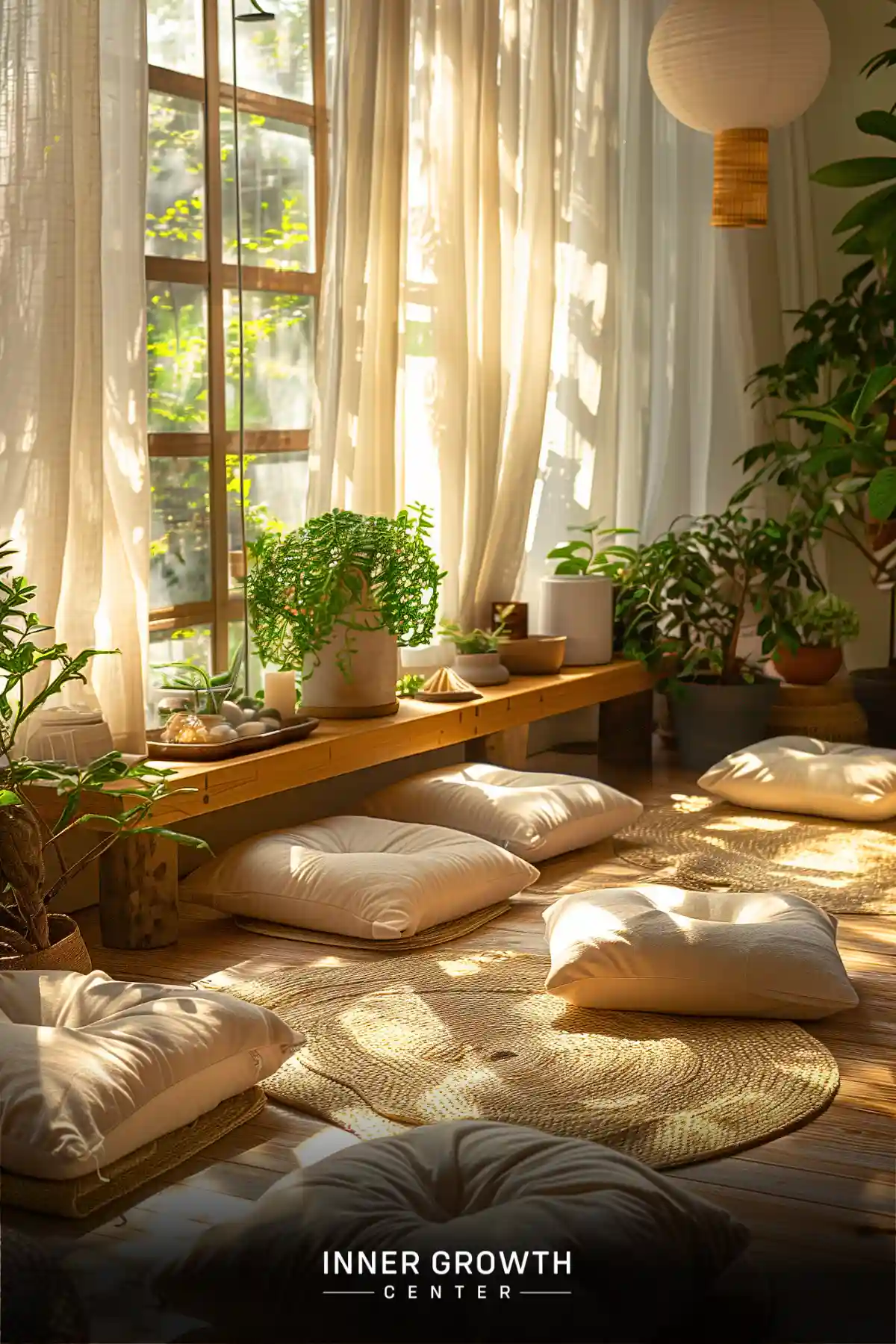 A cozy meditation space with floor cushions, plants, and warm sunlight streaming through curtained windows.