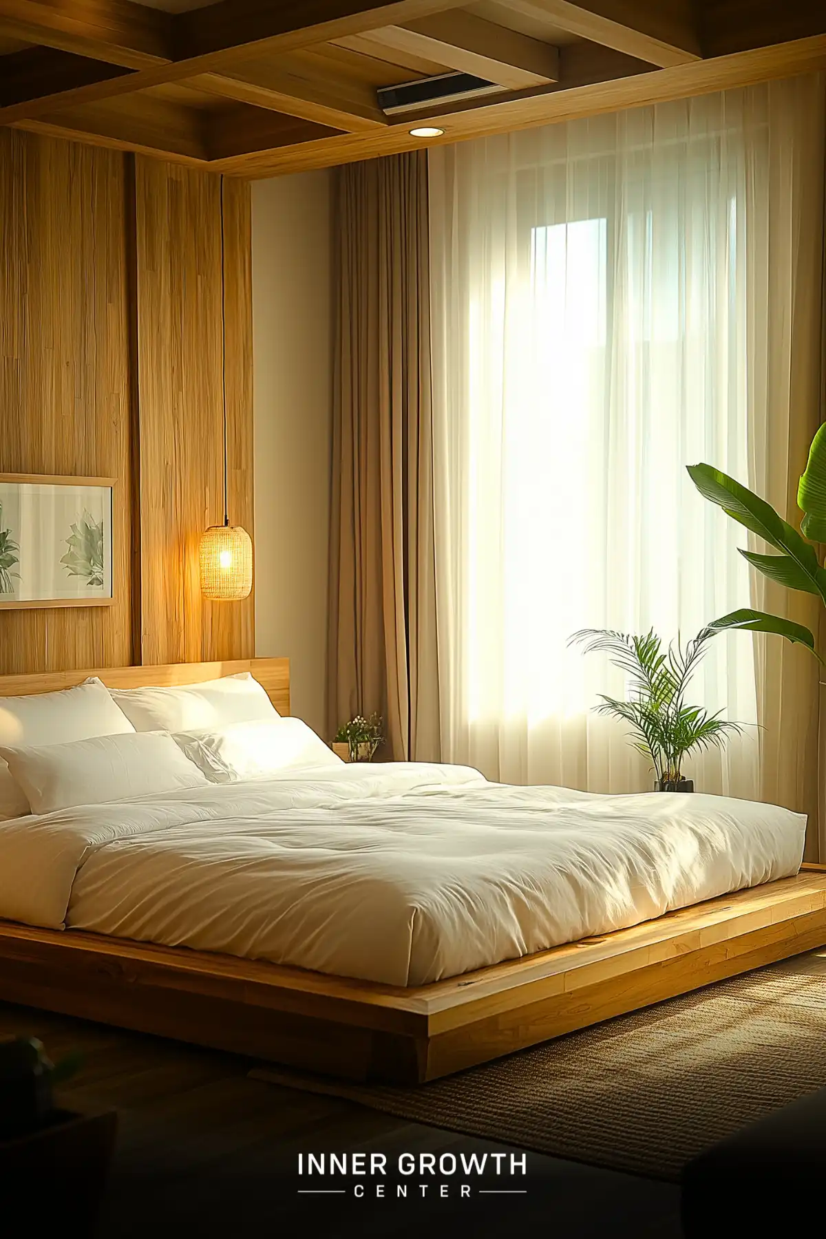 Serene bedroom with wooden elements, soft lighting, and lush plants creating a tranquil atmosphere for meditation and rest.