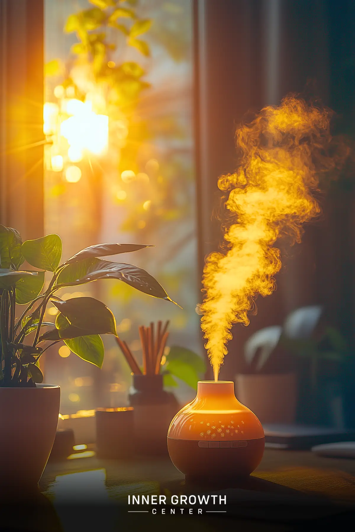 An essential oil diffuser emits a golden plume of mist beside a potted plant, backlit by warm sunlight streaming through a window.