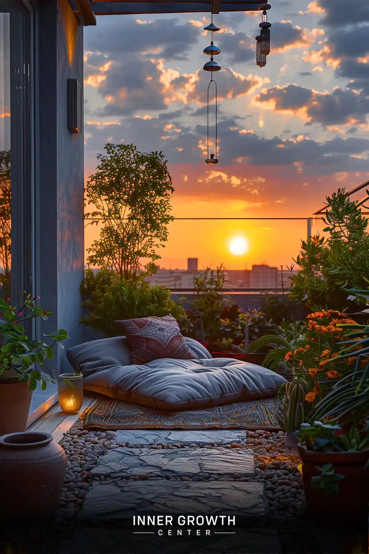 A cozy balcony meditation space with cushions, plants, and wind chimes overlooking a vibrant sunset cityscape.