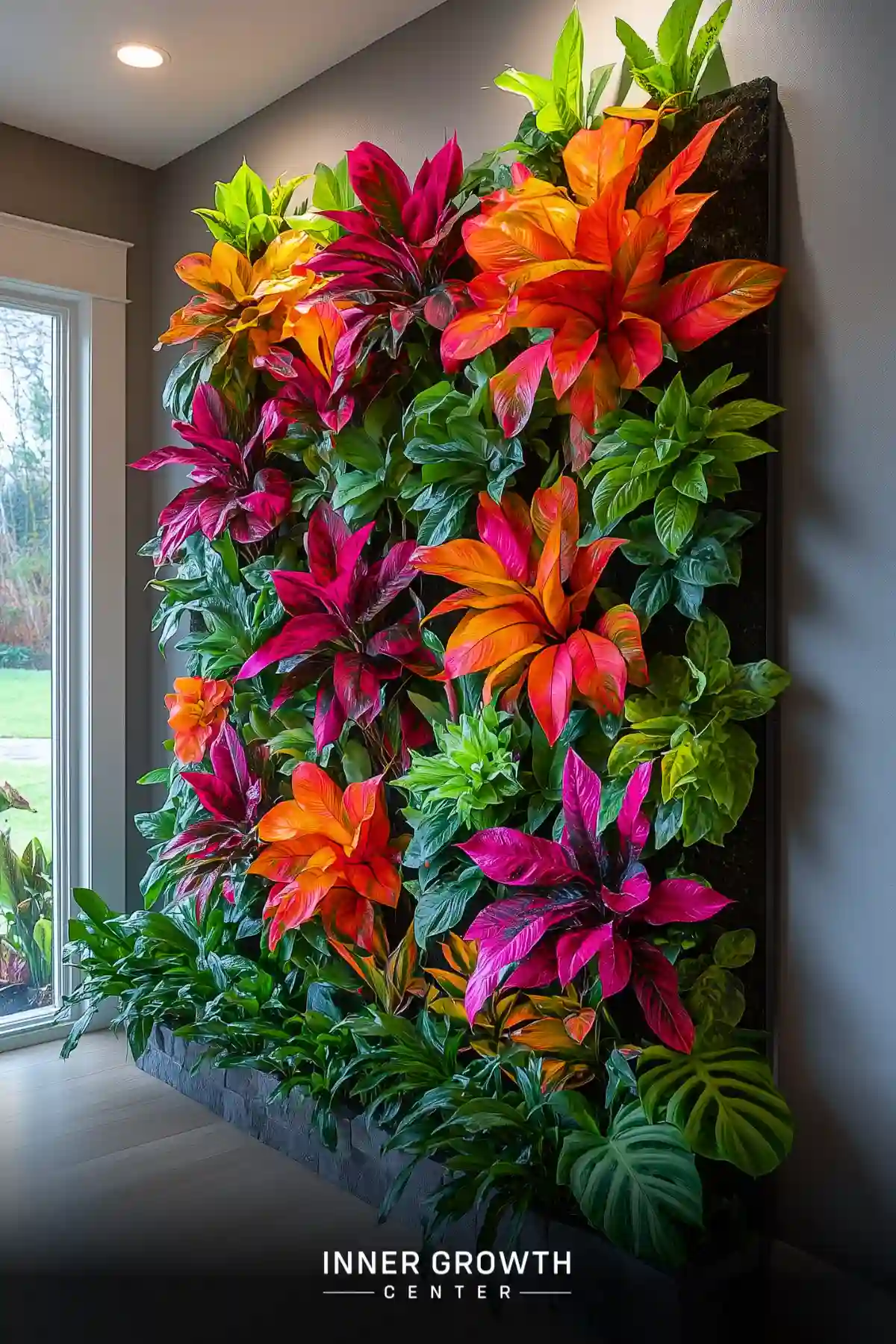 A dramatic living wall features vibrant orange and magenta bromeliads arranged among lush green tropical foliage, illuminated by natural window light.