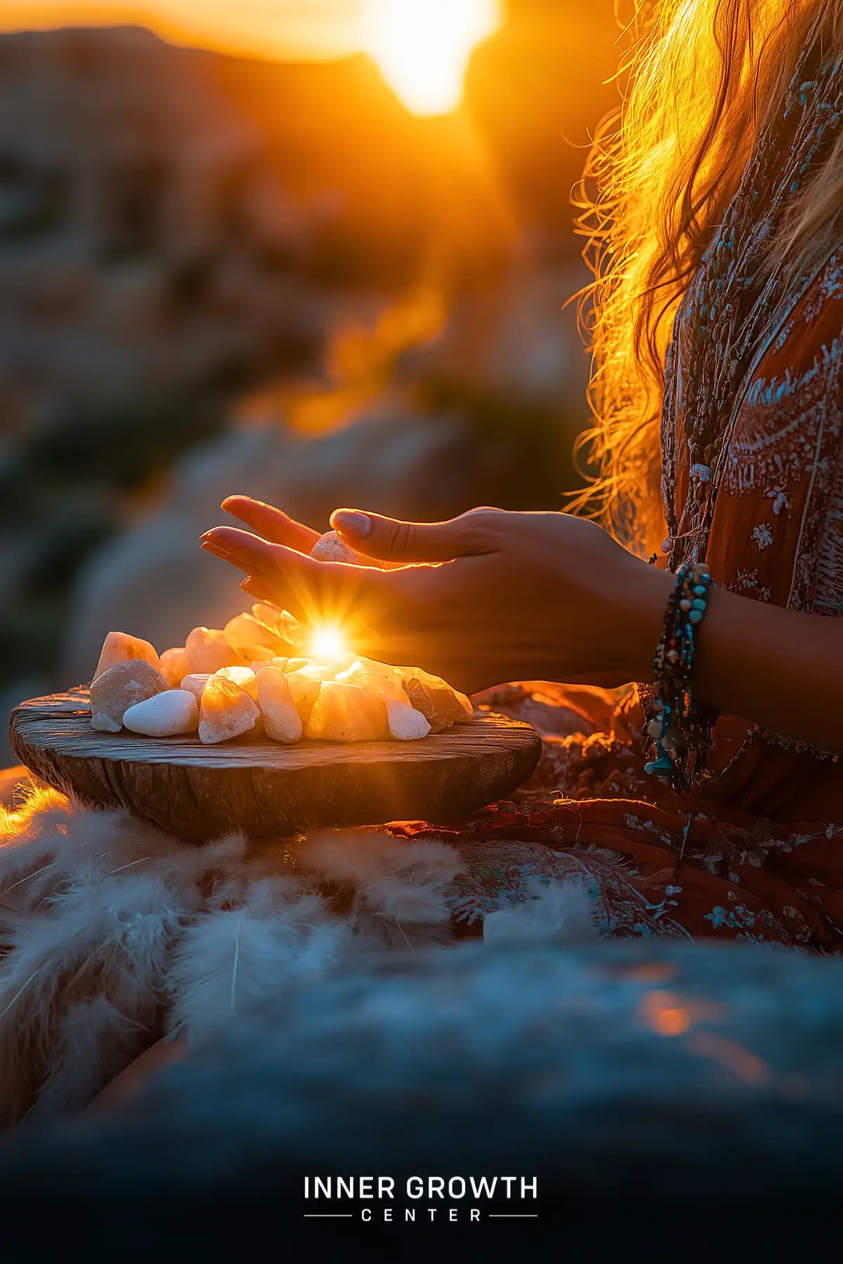 A hand hovering over crystals on a wooden surface, bathed in golden sunset light, for an energizing spiritual ritual.