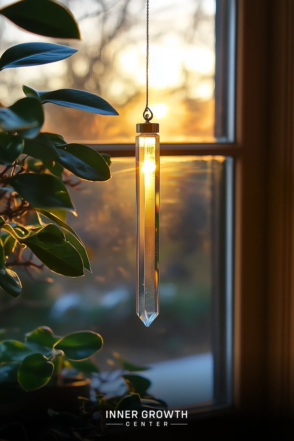 A hanging crystal prism catches golden sunset light near a window, framed by green plant leaves.