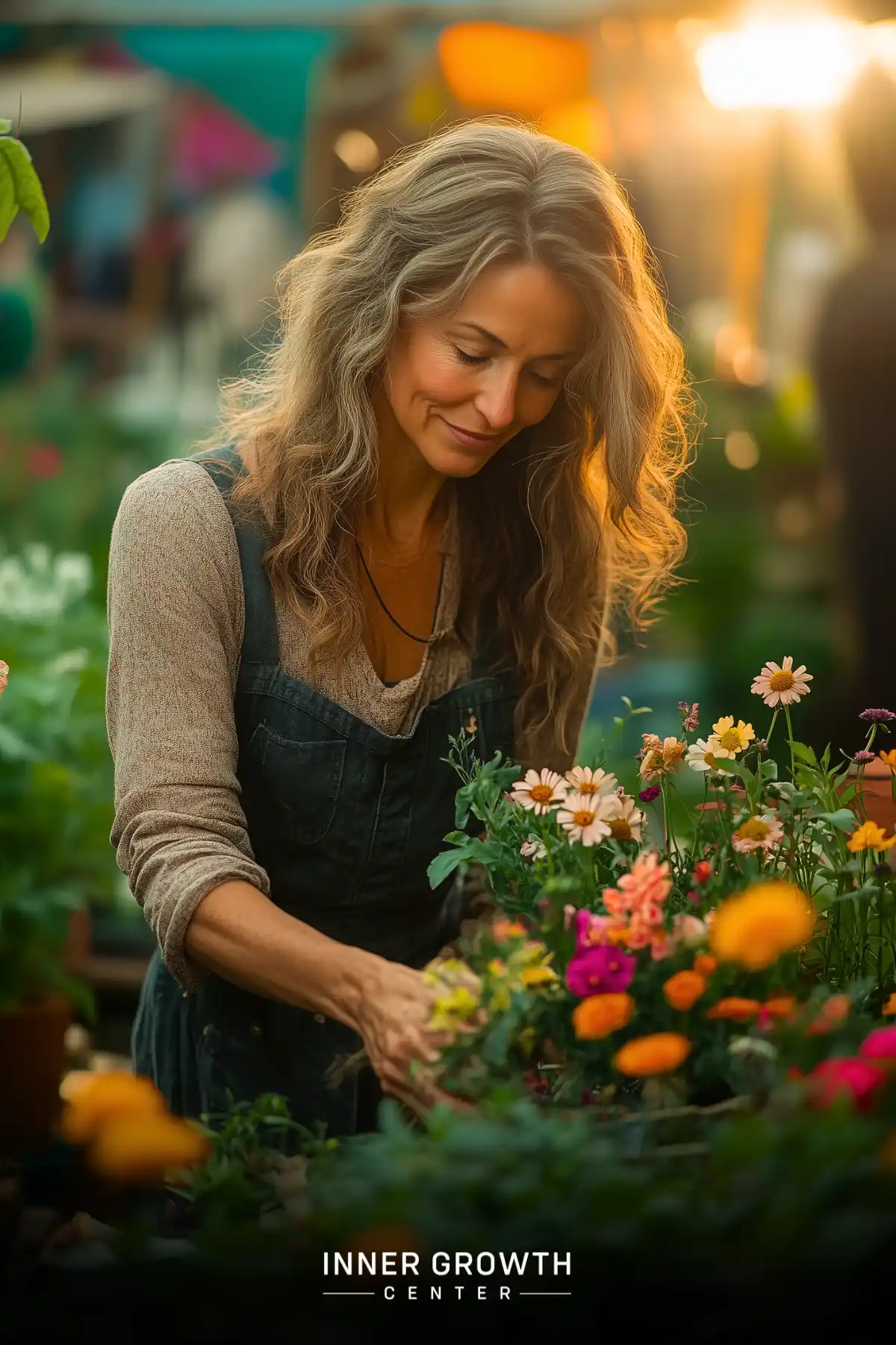 A woman with long wavy hair tends to colorful flowers in a garden, bathed in warm sunset light.