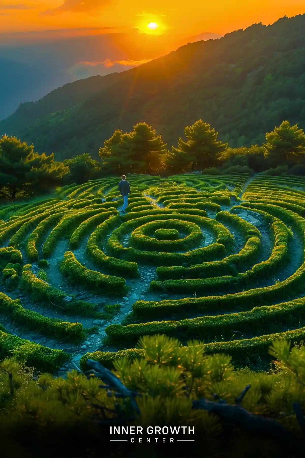 Person walking through a lush green spiral labyrinth surrounded by mountains at sunset.