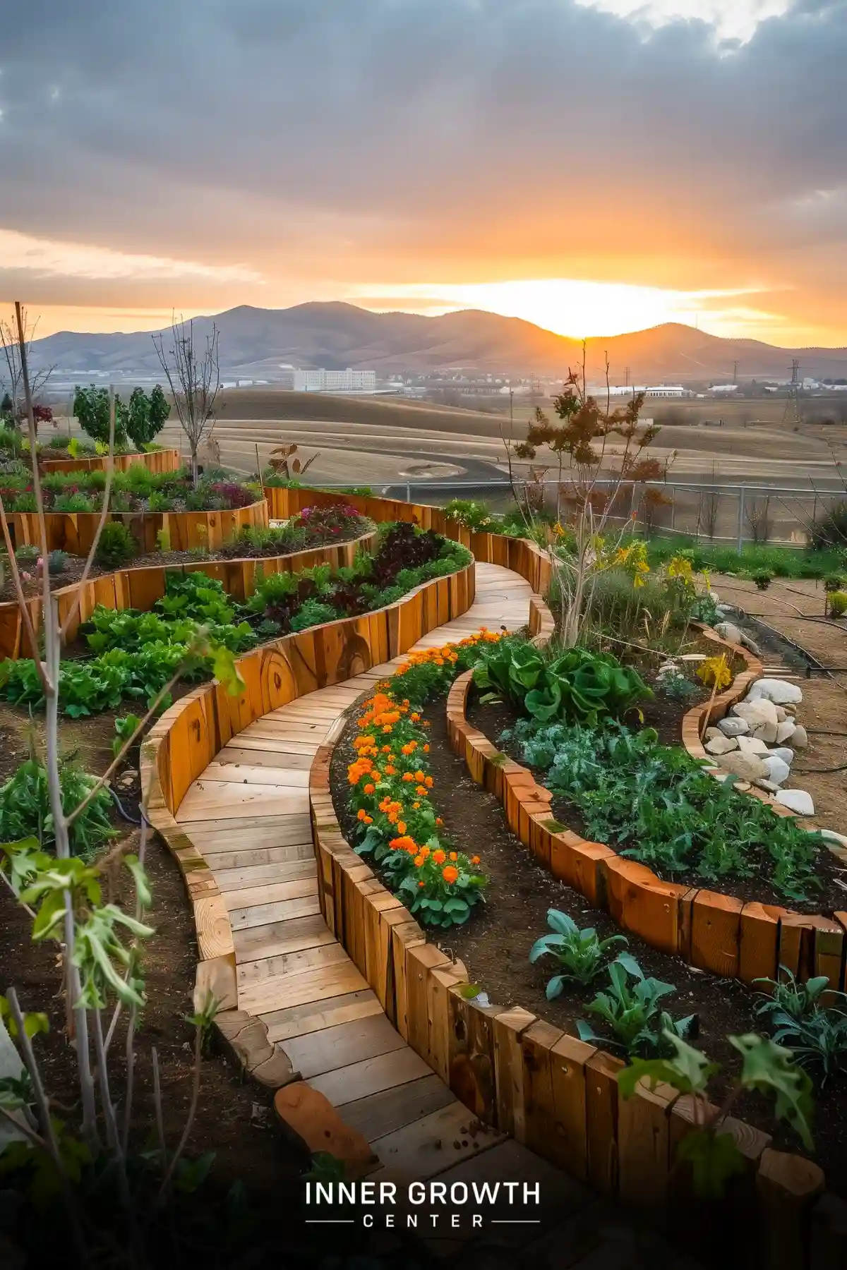 A winding wooden path through raised garden beds filled with colorful plants, overlooking mountains at sunset.