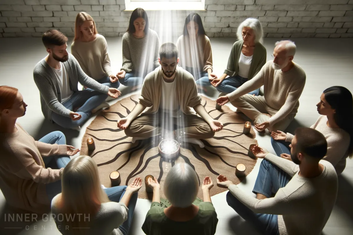 A man sitting in a circle of supportive people symbolising healing inside.