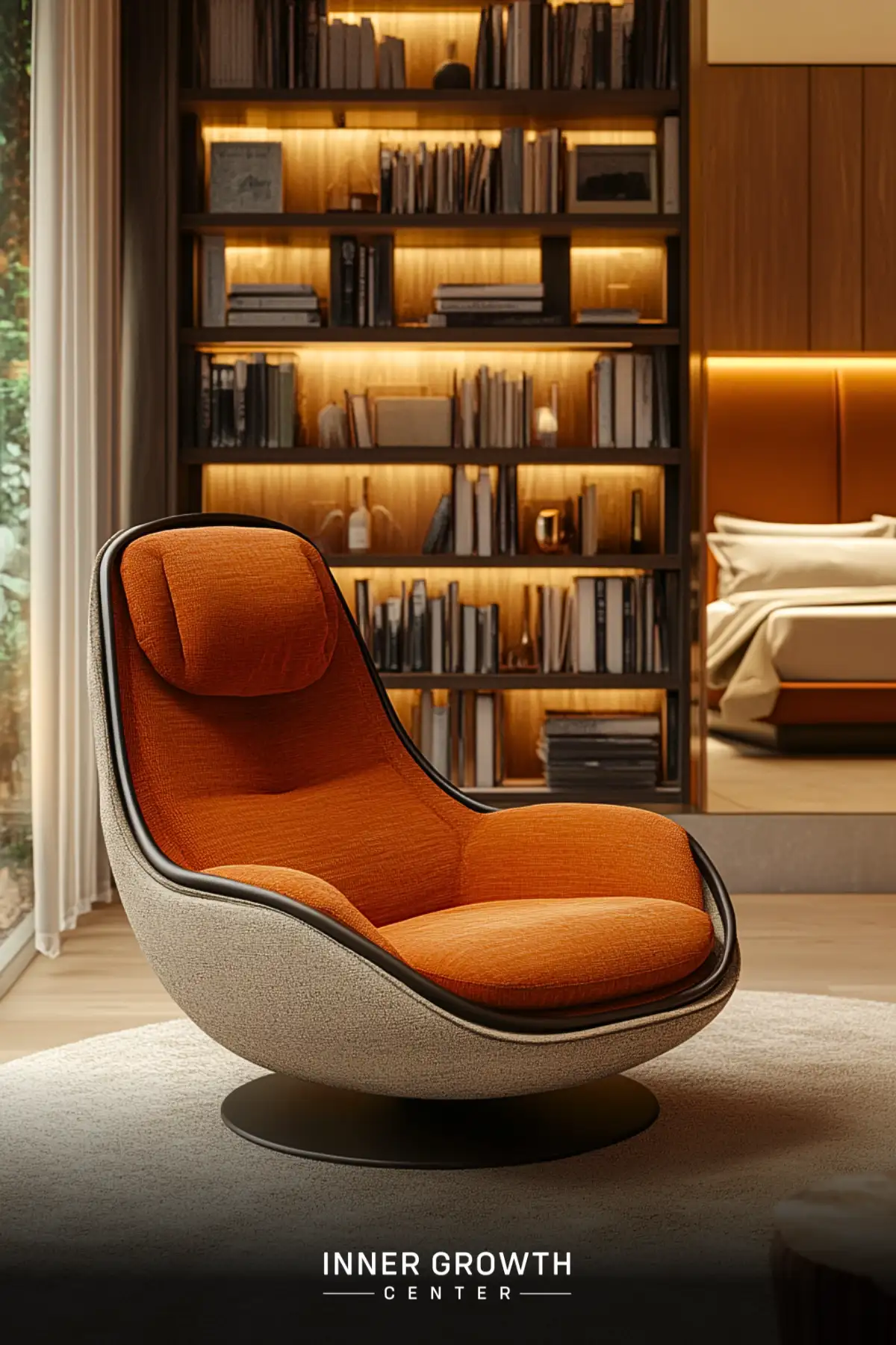 A modern orange swivel chair sits before illuminated built-in bookshelves in a cozy reading nook