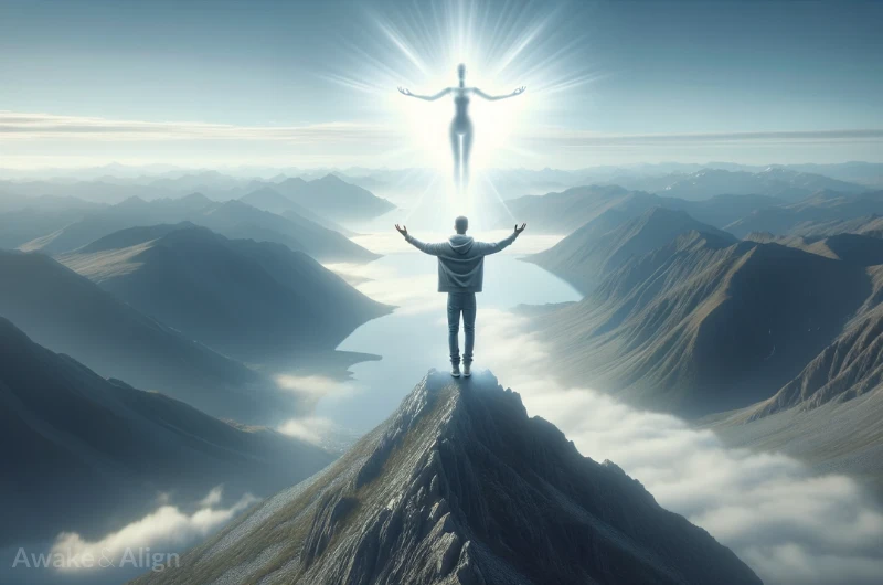 A man on a high mountain tapping into his higher self.