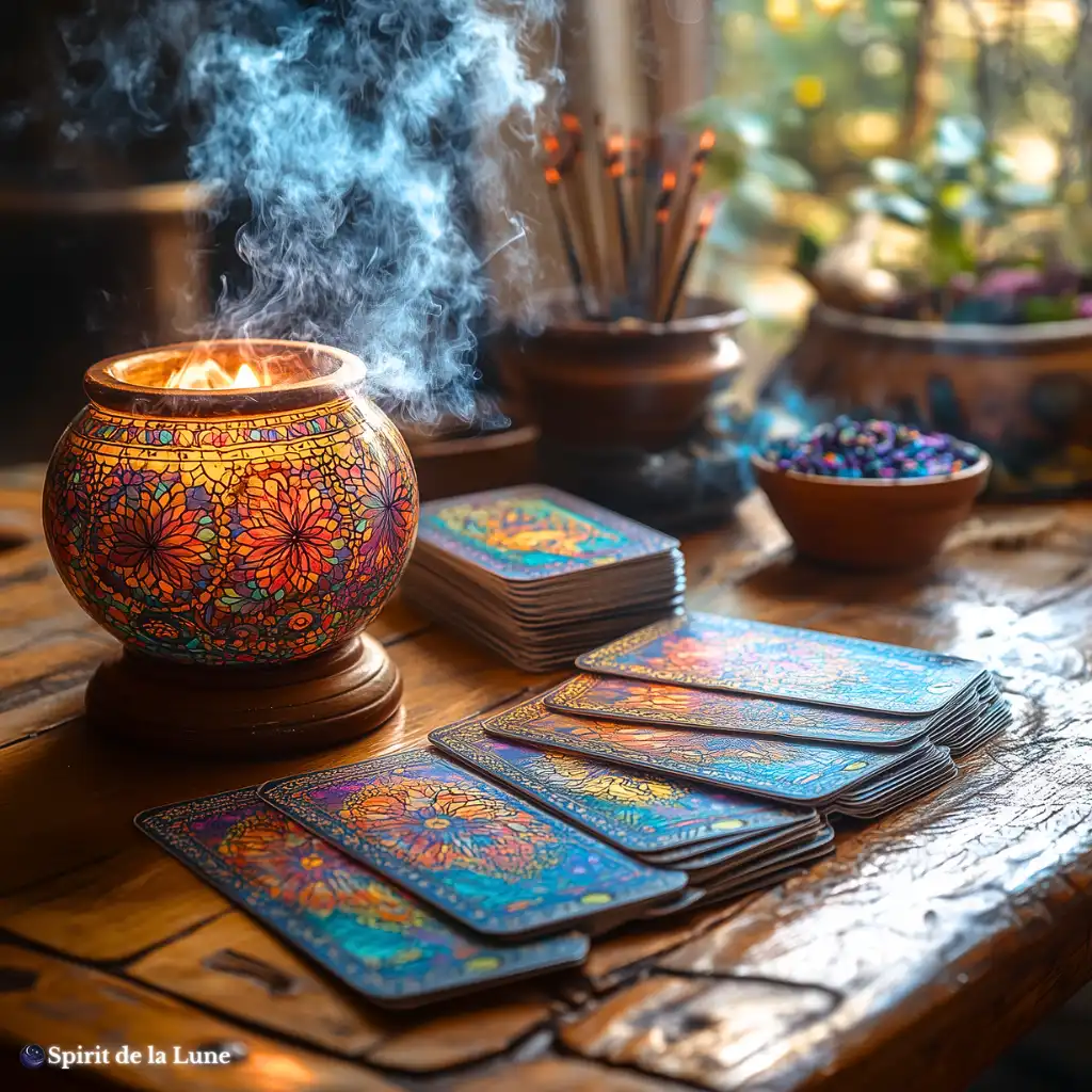 A spread of tarot cards on a table with incense and smoke around