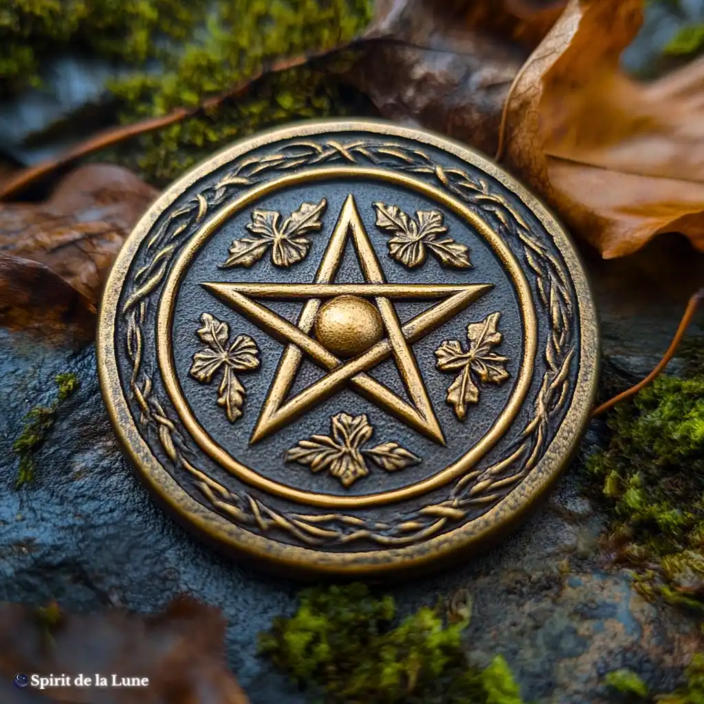 A golden pentacle coin sits around organic textures representing the suit of pentacles.