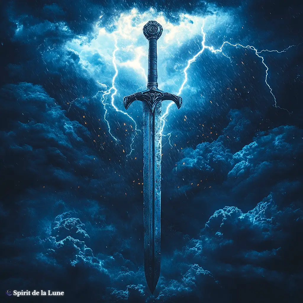 A sword with lightning in the background representing the suit of swords.