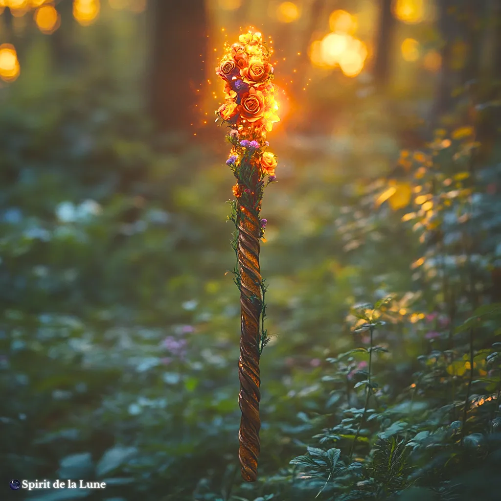 A flowering wooden wand igniting in a magical forest representing the suit of wands.